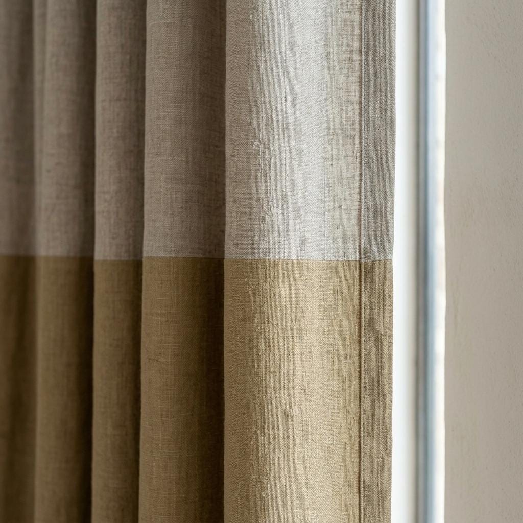 Oatmeal Beige & Camel Brown 3-Tone Color Block Linen Curtains, Heavy Custom Drapes, Blackout Option, Extra Long Panels — image 1