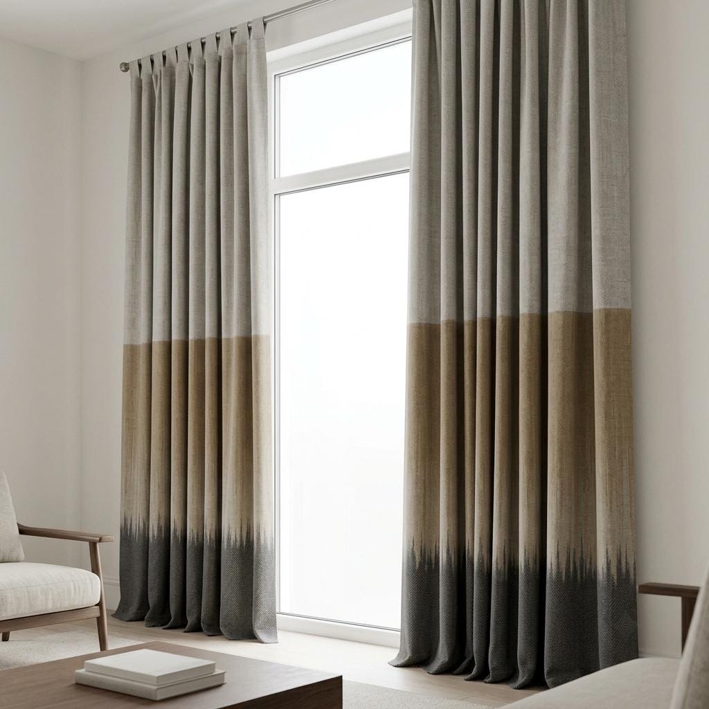 Greige, Taupe & Charcoal Color Block Linen Curtains, Custom Drapes, Blackout Option, Extra Long — image 2