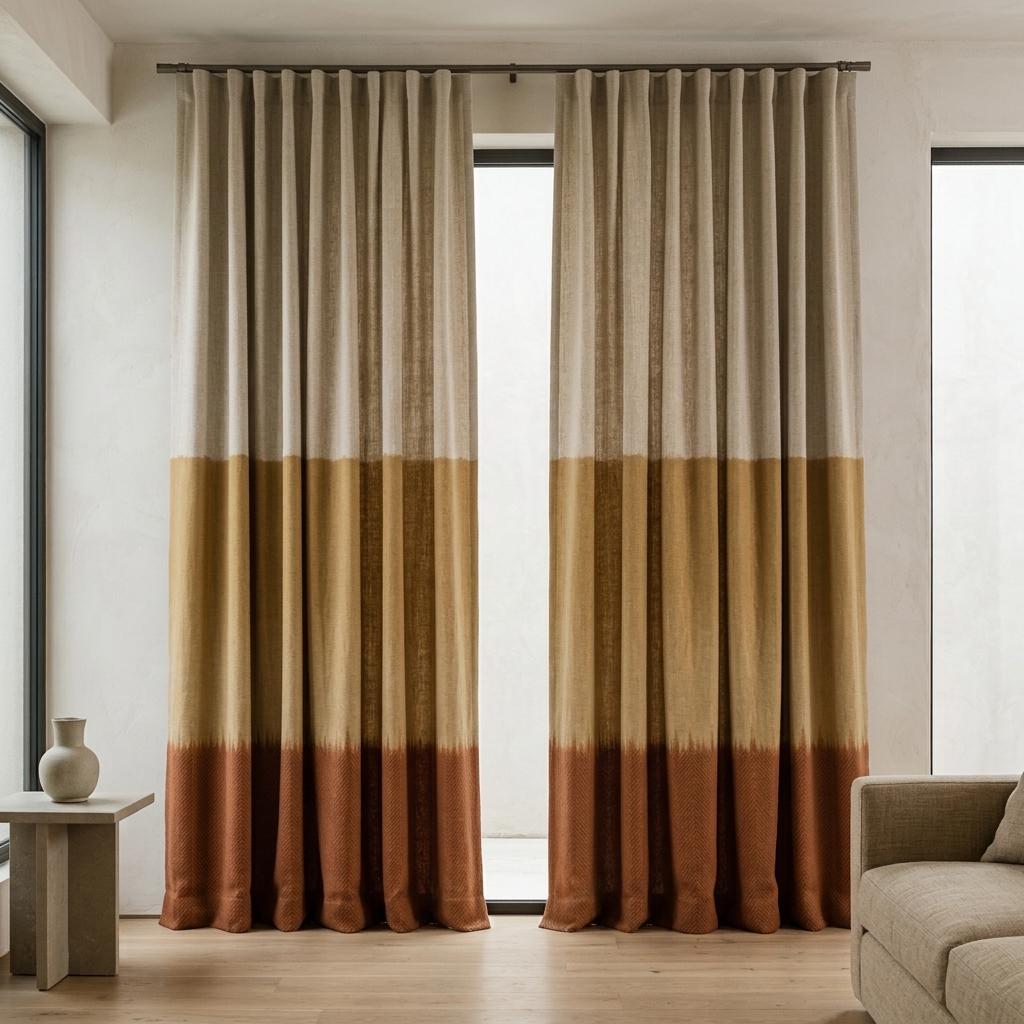 Heavy Linen Curtains, Oatmeal Camel & Rust Color Block, Custom Blackout, Extra Long Panels — image 7