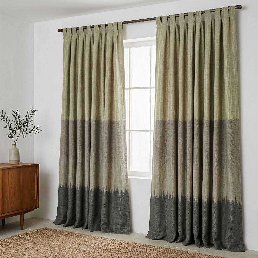 Sage Green, Taupe & Deep Olive Color Block Linen Curtains, Heavy Custom Blackout Drapes, Extra Long Panels — image 1