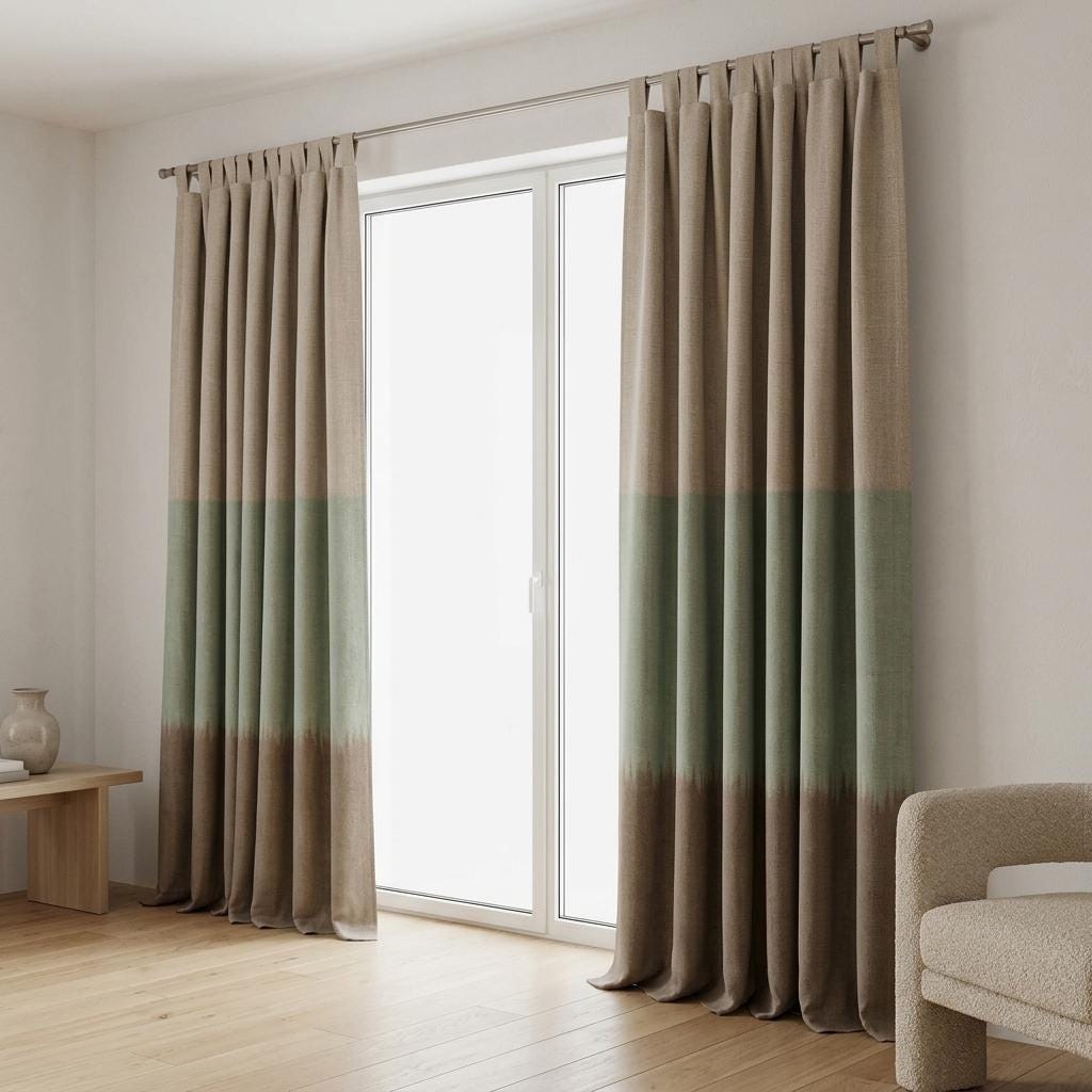 Sage Green, Oatmeal & Taupe Color Block Linen Curtains, Heavy Custom Drapes, Blackout Option, Extra Long Panels — image 1