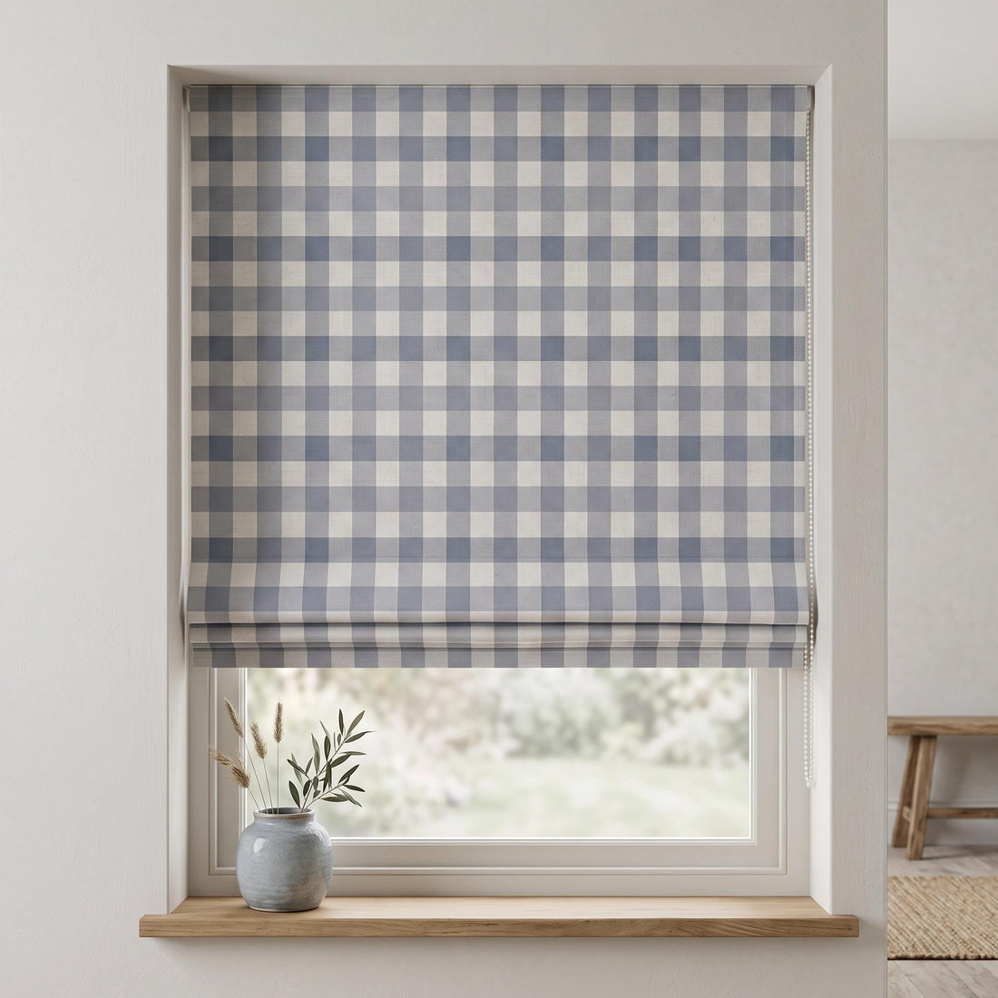 Custom Dusty Blue Plaid Linen Roman Shade, Ivory Check Corded Window Blind, Blackout or Light Filtering — image 1