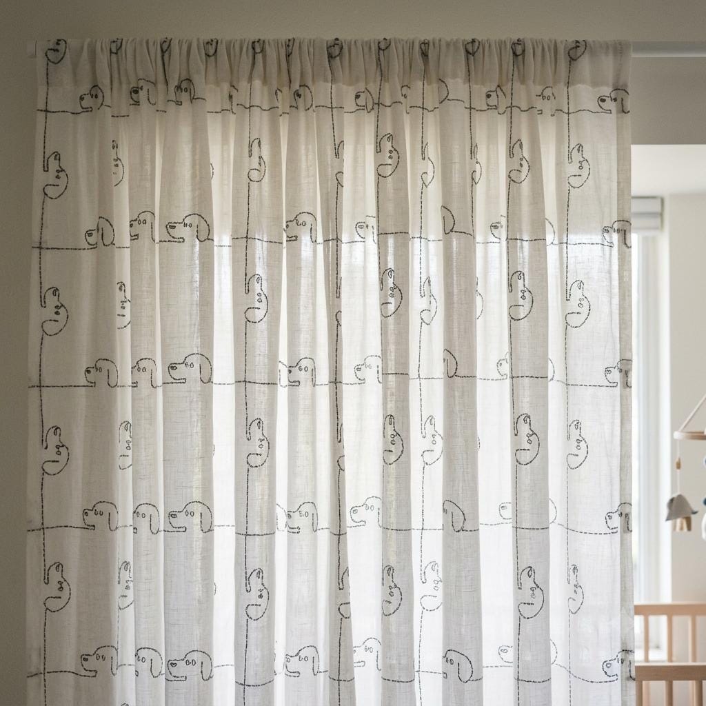 Soft White Pure Linen Sheer Curtains, Grey Embroidered Puppy Dog Nursery Drapes, Kids Room Custom Light Filtering Panels — image 8