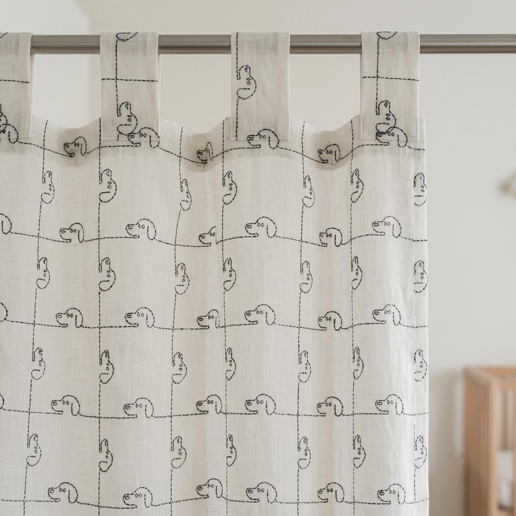 Soft White Pure Linen Sheer Curtains, Grey Embroidered Puppy Dog Nursery Drapes, Kids Room Custom Light Filtering Panels — image 9