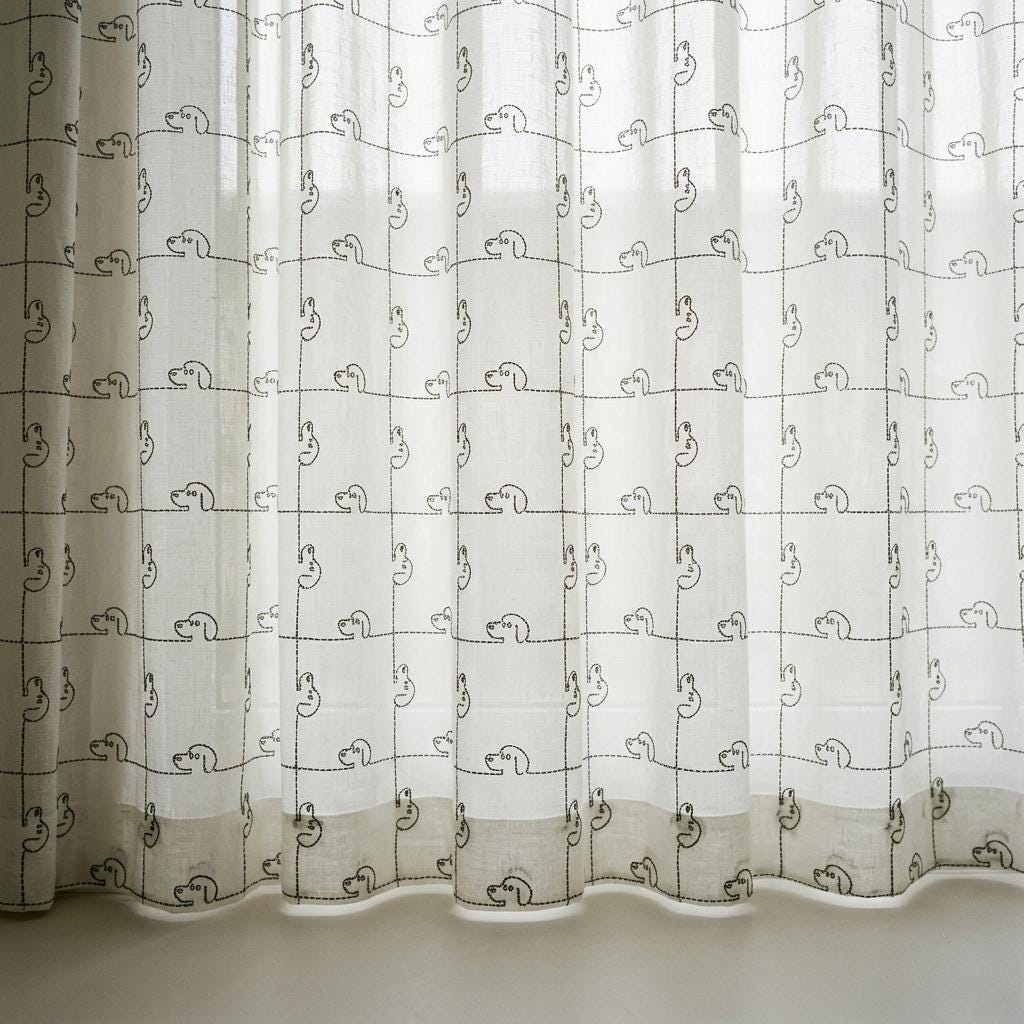 Soft White Pure Linen Sheer Curtains, Grey Embroidered Puppy Dog Nursery Drapes, Kids Room Custom Light Filtering Panels — image 7