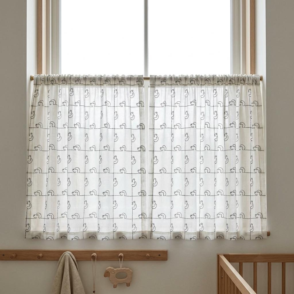Soft White Pure Linen Sheer Curtains, Grey Embroidered Puppy Dog Nursery Drapes, Kids Room Custom Light Filtering Panels — image 10
