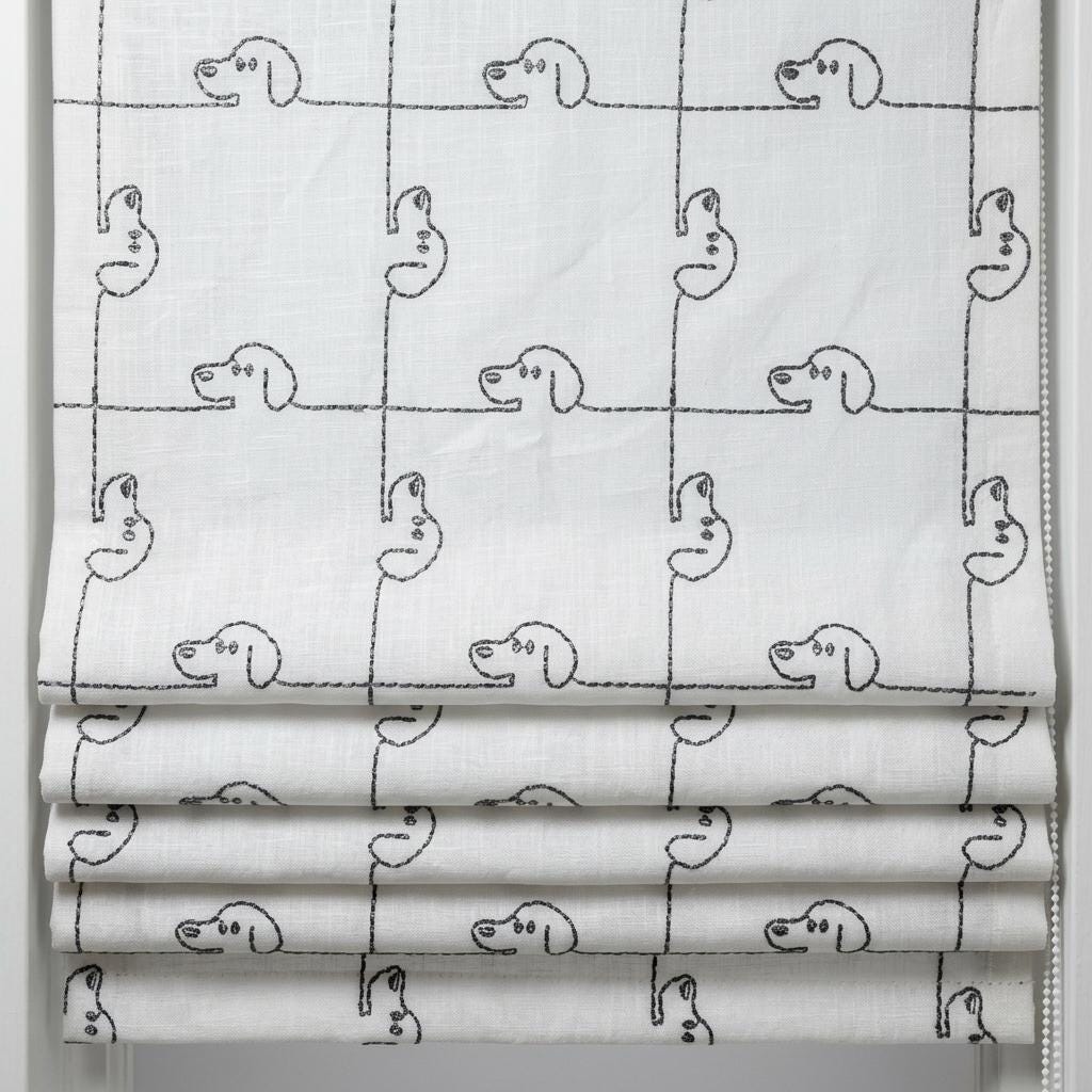 Soft White Linen Roman Shade, Gray Embroidered Puppy Dog Nursery Blind, Custom Blackout or Light Filtering — image 8