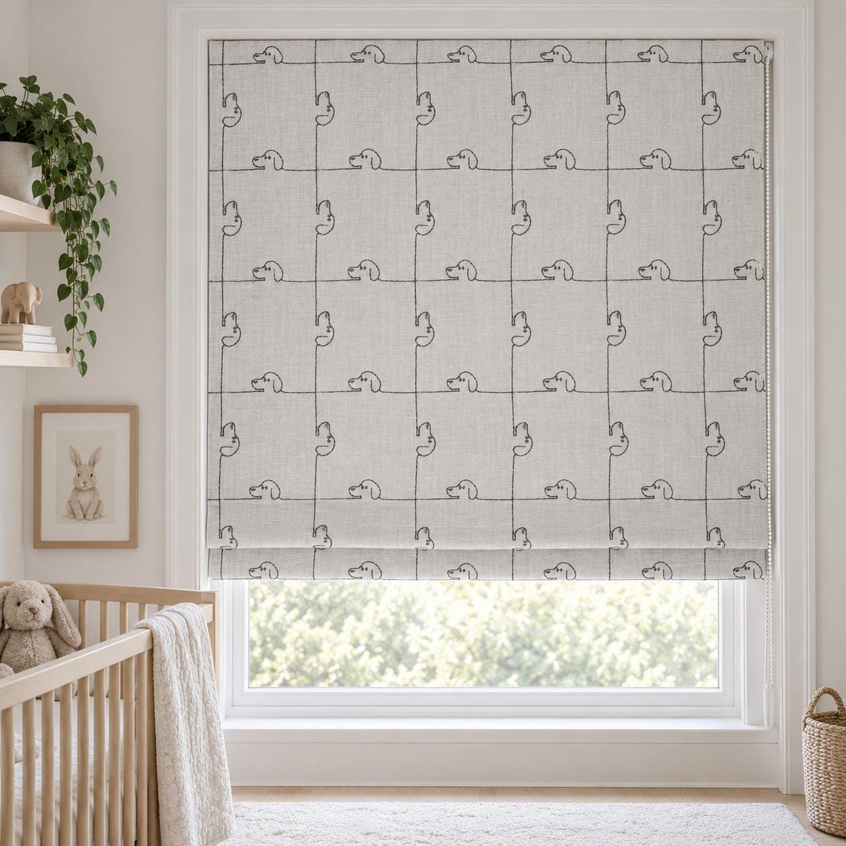 Soft White Linen Roman Shade, Gray Embroidered Puppy Dog Nursery Blind, Custom Blackout or Light Filtering — image 9
