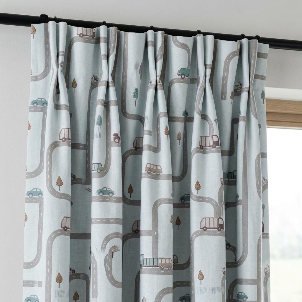 Icy Blue-White Linen Nursery Curtains, Gray Road & Car Print, Kids Vehicle Drapes, Custom Blackout Option — image 5