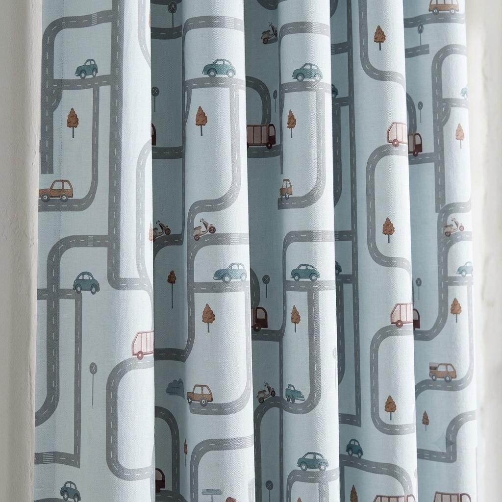Icy Blue-White Linen Nursery Curtains, Gray Road & Car Print, Kids Vehicle Drapes, Custom Blackout Option — image 6
