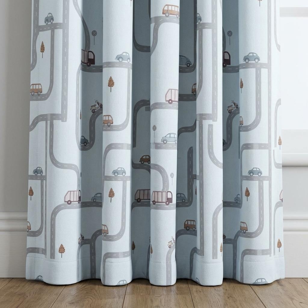 Icy Blue-White Linen Nursery Curtains, Gray Road & Car Print, Kids Vehicle Drapes, Custom Blackout Option — image 4