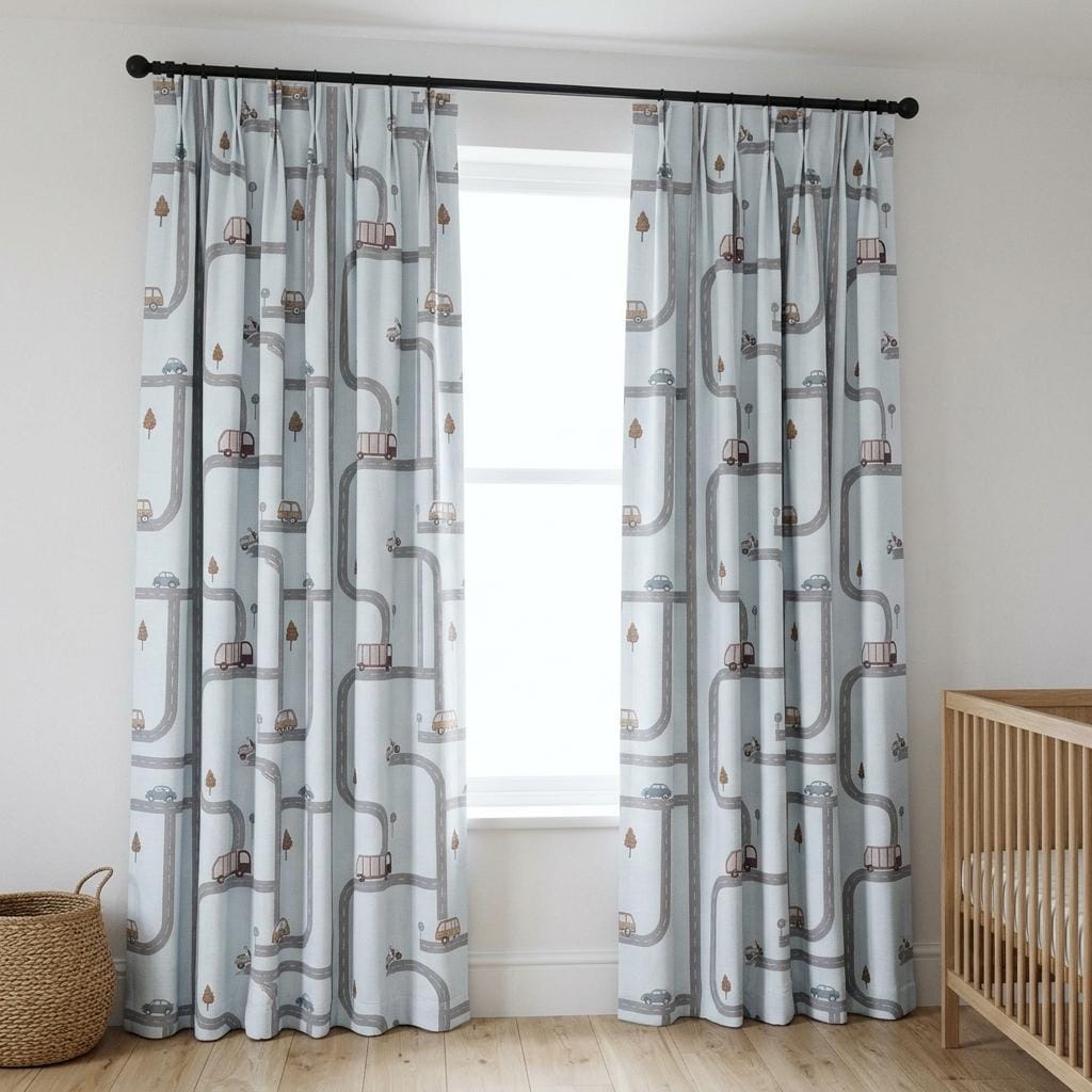 Icy Blue-White Linen Nursery Curtains, Gray Road & Car Print, Kids Vehicle Drapes, Custom Blackout Option — image 7