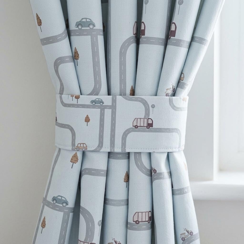 Icy Blue-White Linen Nursery Curtains, Gray Road & Car Print, Kids Vehicle Drapes, Custom Blackout Option — image 1
