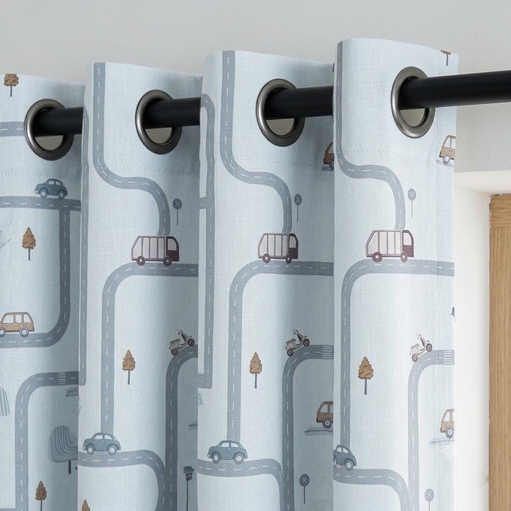Icy Blue-White Linen Nursery Curtains, Gray Road & Car Print, Kids Vehicle Drapes, Custom Blackout Option — image 10