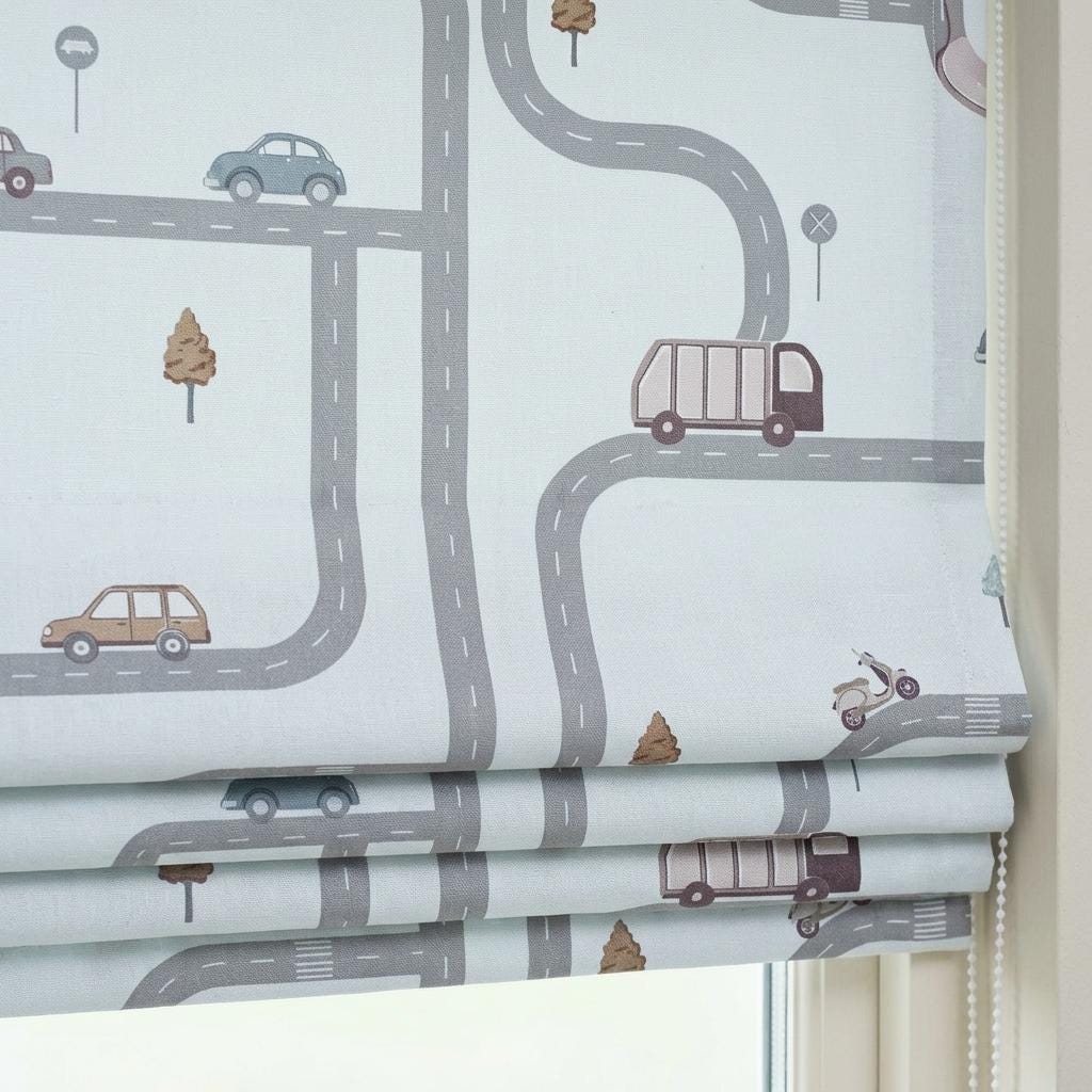 Icy Blue-White Pure Linen Roman Shade, Gray Road Map & Car Nursery Blind, Kids Vehicle Custom Blind, Blackout or Light Filtering — image 1