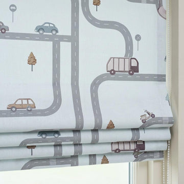 Icy Blue-White Pure Linen Roman Shade, Gray Road Map & Car Nursery Blind, Kids Vehicle Custom Blind, Blackout or Light Filtering — image 1