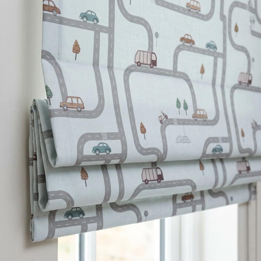 Icy Blue-White Pure Linen Roman Shade, Gray Road Map & Car Nursery Blind, Kids Vehicle Custom Blind, Blackout or Light Filtering — image 2