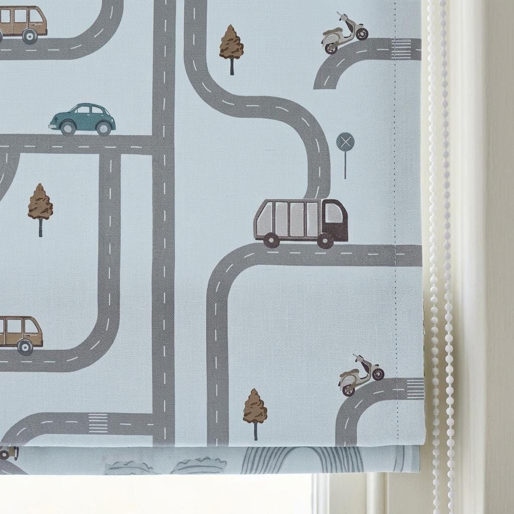 Icy Blue-White Pure Linen Roman Shade, Gray Road Map & Car Nursery Blind, Kids Vehicle Custom Blind, Blackout or Light Filtering — image 5