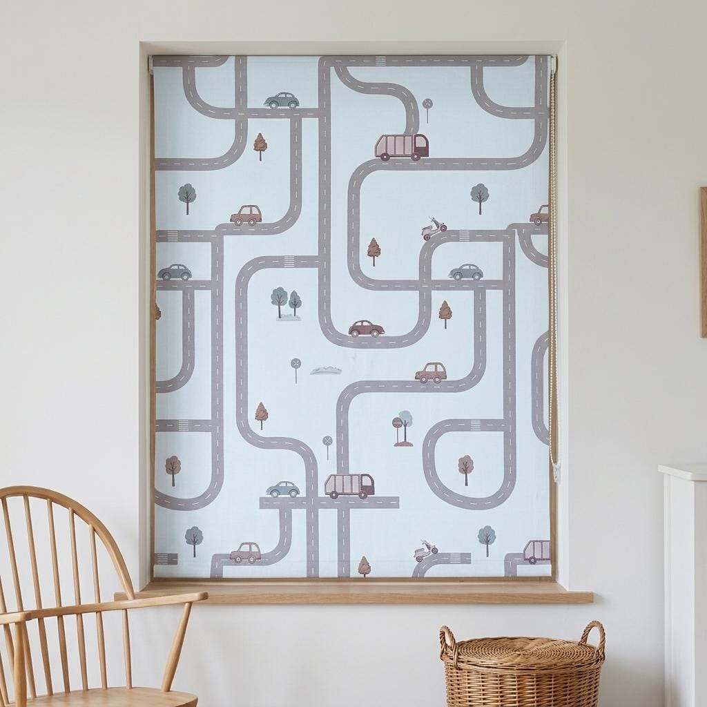 Icy Blue-White Pure Linen Roman Shade, Gray Road Map & Car Nursery Blind, Kids Vehicle Custom Blind, Blackout or Light Filtering — image 3