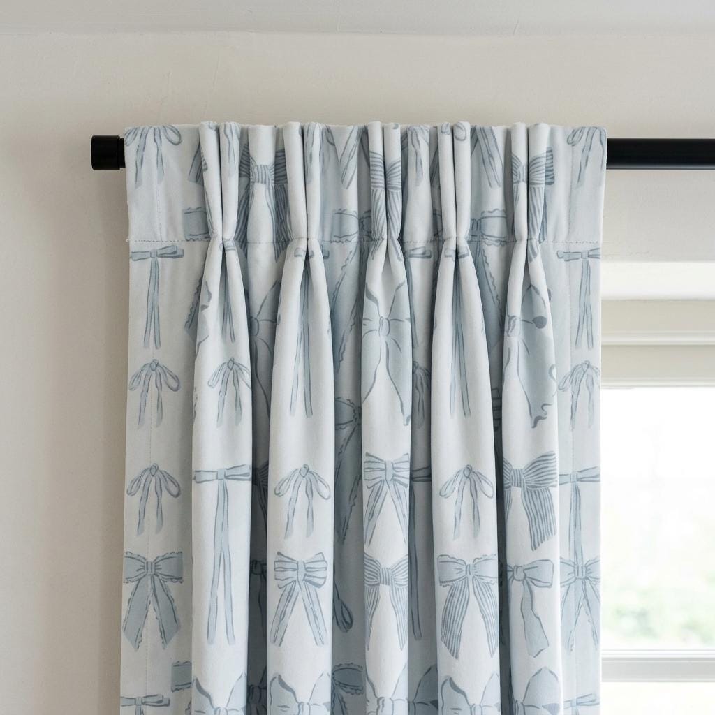 Icy Blue-White Velvet Nursery Curtains, Blue-Gray Bow Print, Coquette Ribbon Drapes, Custom Blackout Option — image 6