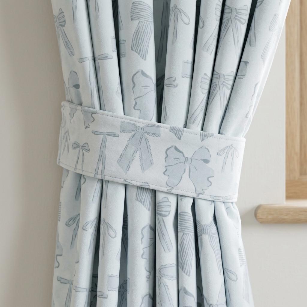 Icy Blue-White Velvet Nursery Curtains, Blue-Gray Bow Print, Coquette Ribbon Drapes, Custom Blackout Option — image 1