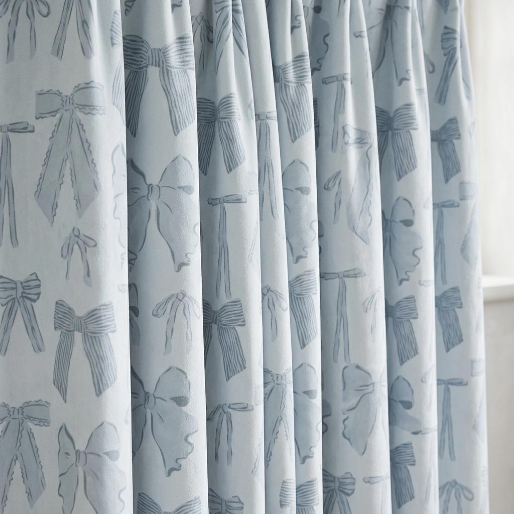 Icy Blue-White Velvet Nursery Curtains, Blue-Gray Bow Print, Coquette Ribbon Drapes, Custom Blackout Option — image 5