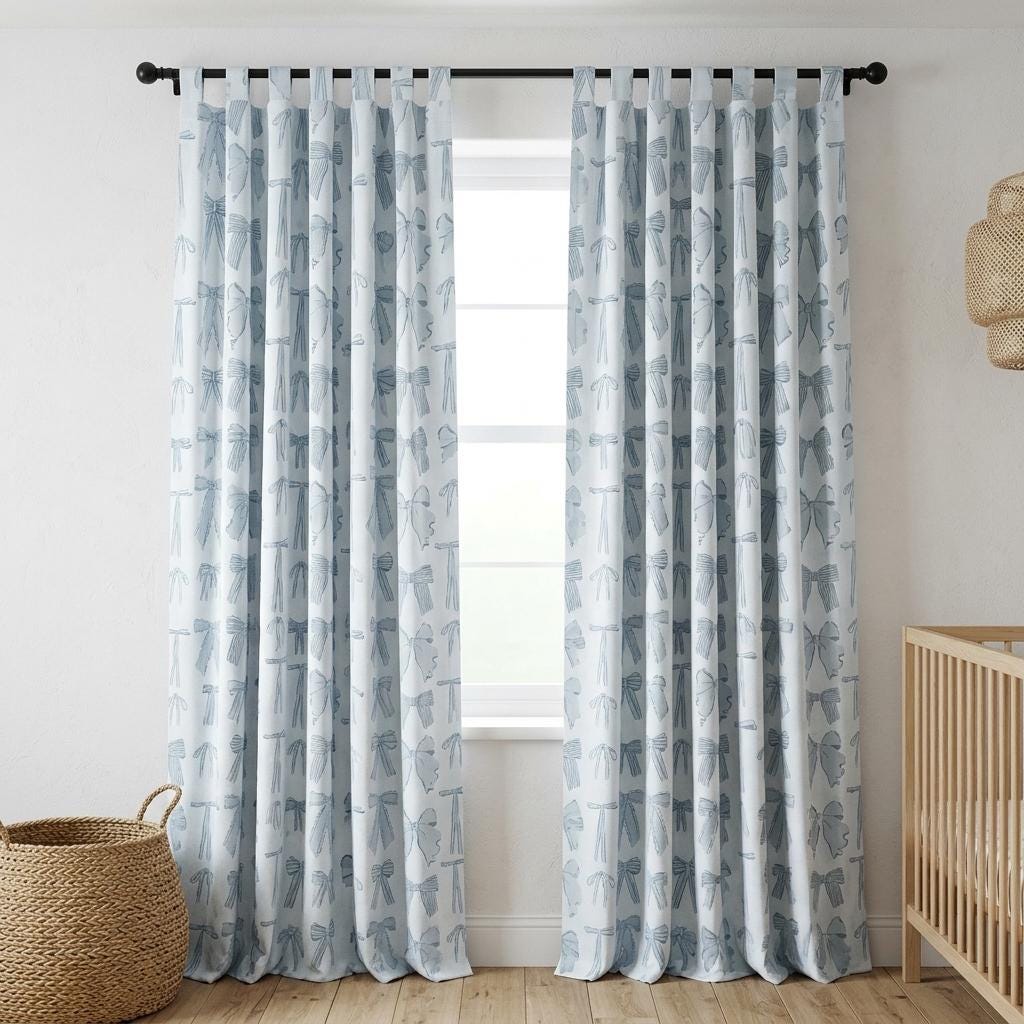 Icy Blue-White Velvet Nursery Curtains, Blue-Gray Bow Print, Coquette Ribbon Drapes, Custom Blackout Option — image 4