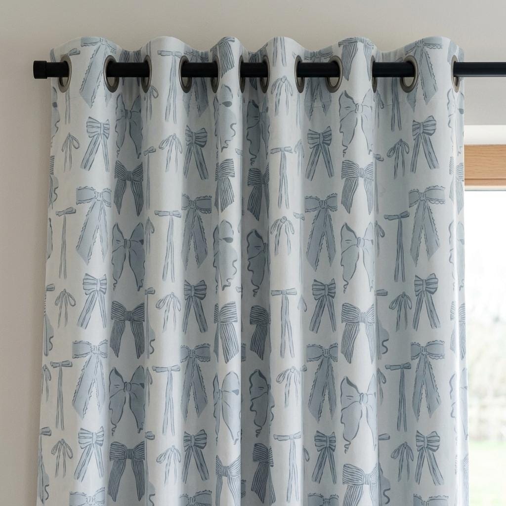 Icy Blue-White Velvet Nursery Curtains, Blue-Gray Bow Print, Coquette Ribbon Drapes, Custom Blackout Option — image 10