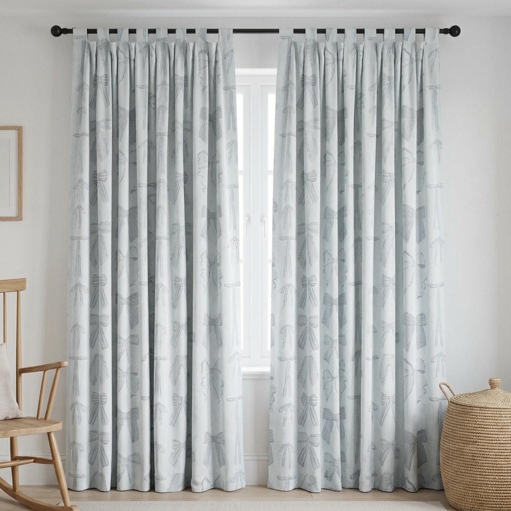 Icy Blue-White Velvet Nursery Curtains, Blue-Gray Bow Print, Coquette Ribbon Drapes, Custom Blackout Option — image 8