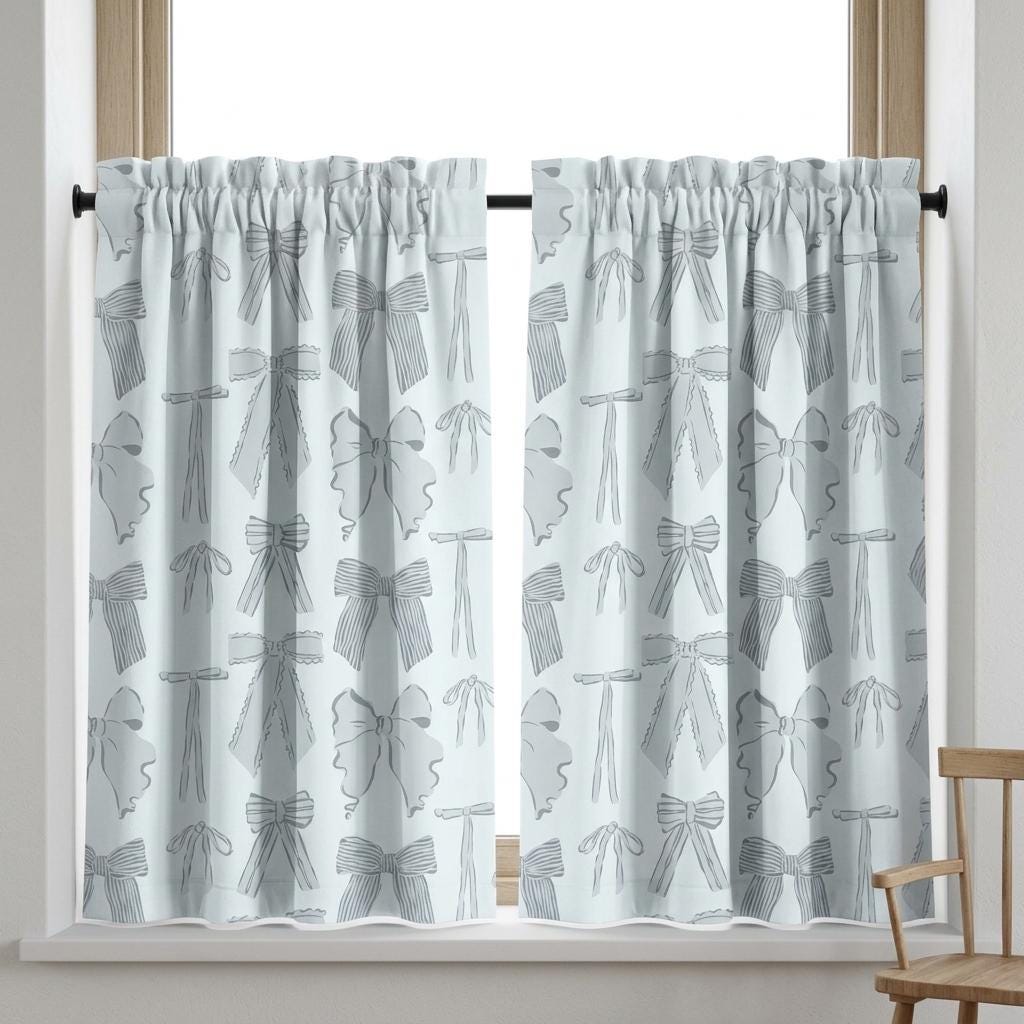 Icy Blue-White Velvet Nursery Curtains, Blue-Gray Bow Print, Coquette Ribbon Drapes, Custom Blackout Option — image 9