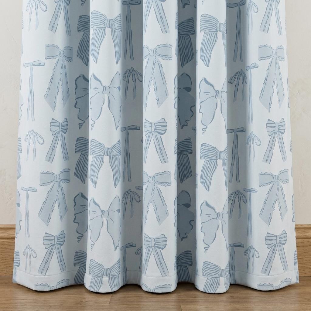 Icy Blue-White Velvet Nursery Curtains, Blue-Gray Bow Print, Coquette Ribbon Drapes, Custom Blackout Option — image 7