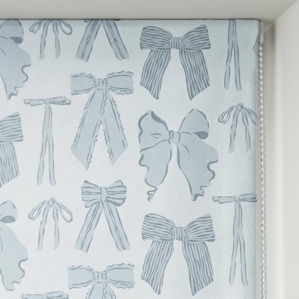 Icy Blue-White Matte Velvet Roman Shade, Blue Gray Bow Nursery Blind, Coquette Kids Room Custom Roman Blind, Blackout or Light Filtering — image 2