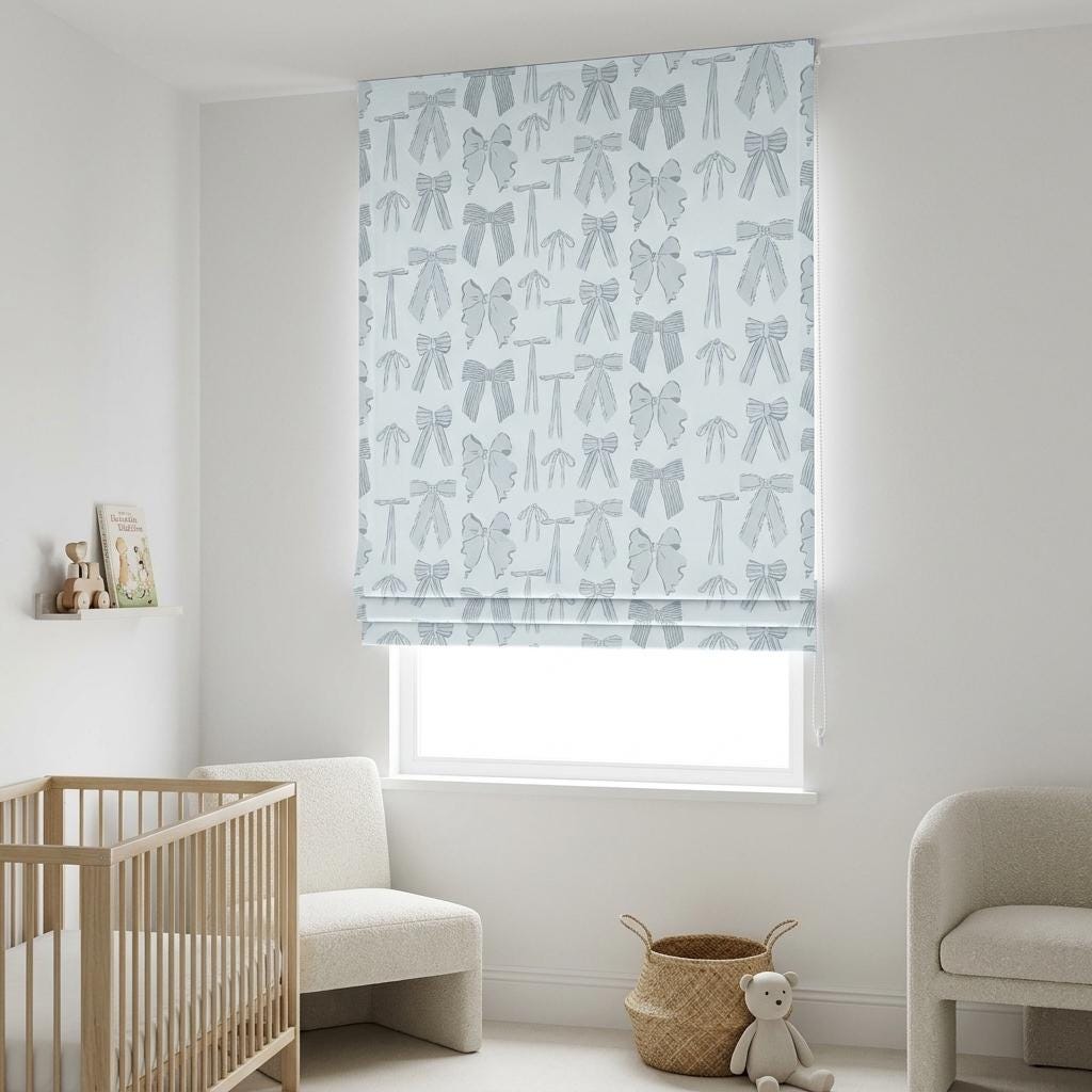 Icy Blue-White Matte Velvet Roman Shade, Blue Gray Bow Nursery Blind, Coquette Kids Room Custom Roman Blind, Blackout or Light Filtering — image 7