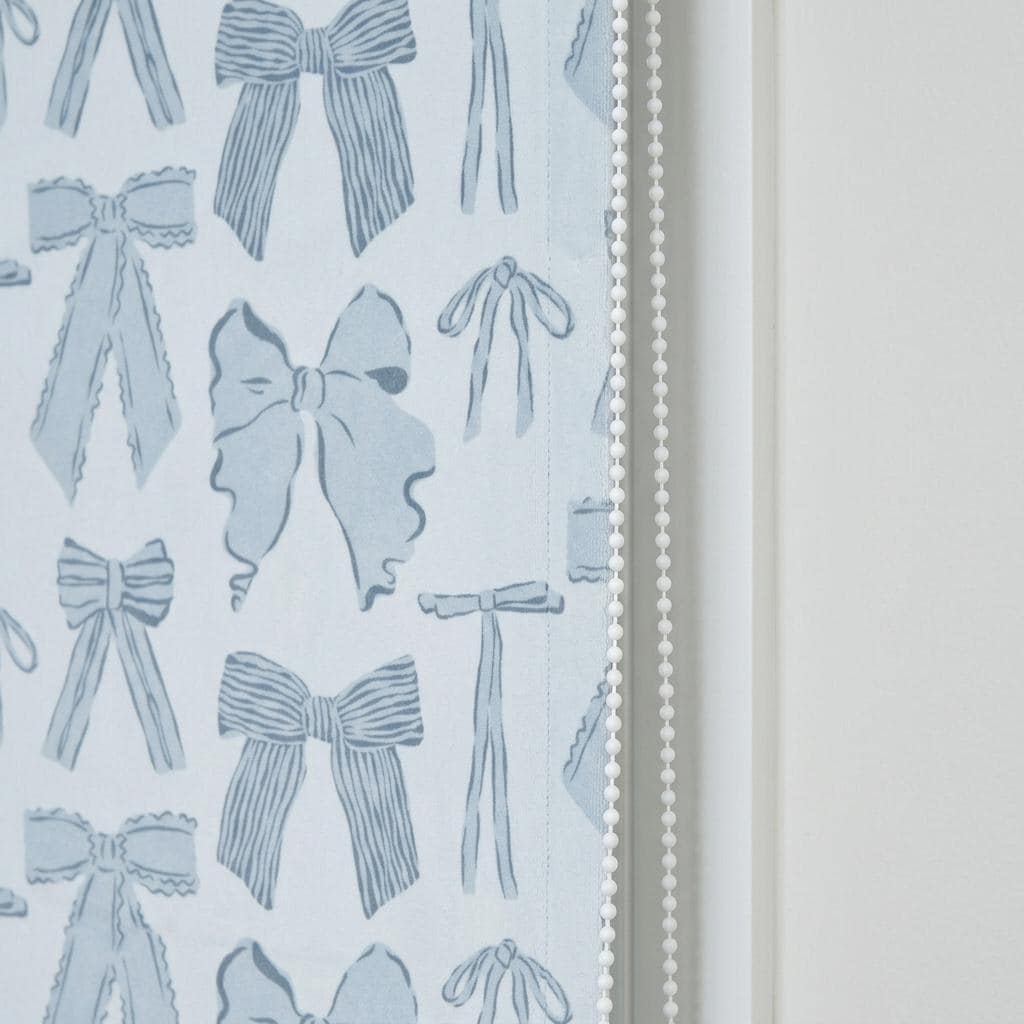 Icy Blue-White Matte Velvet Roman Shade, Blue Gray Bow Nursery Blind, Coquette Kids Room Custom Roman Blind, Blackout or Light Filtering — image 5