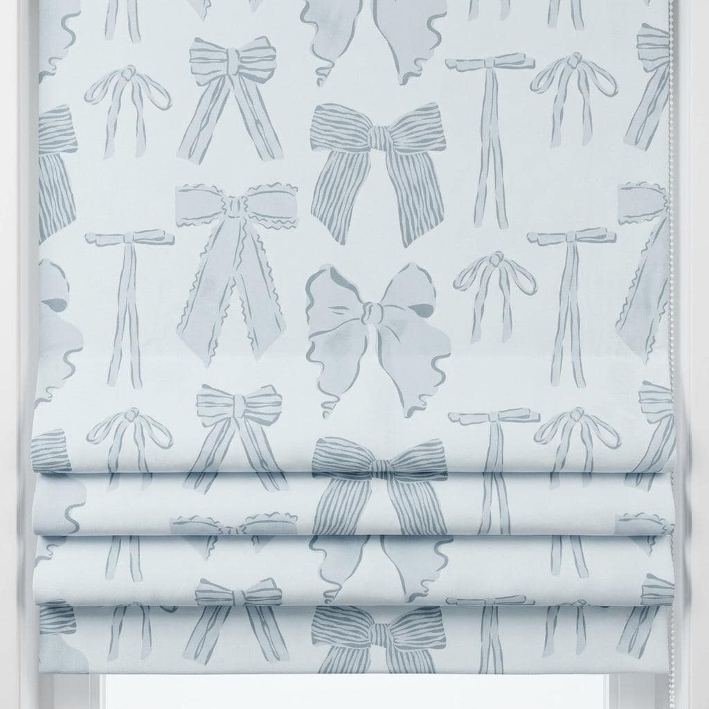 Icy Blue-White Matte Velvet Roman Shade, Blue Gray Bow Nursery Blind, Coquette Kids Room Custom Roman Blind, Blackout or Light Filtering — image 6