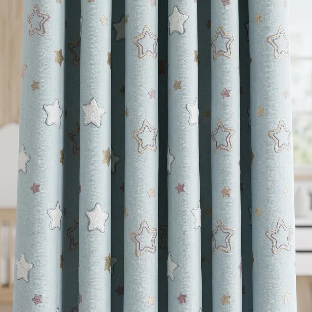 Powder Blue Linen Curtains, Embroidered White, Gold & Mauve Stars, Nursery Drapes, Custom Blackout Option — image 6