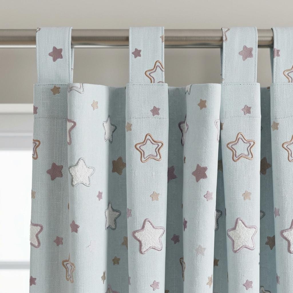 Powder Blue Linen Curtains, Embroidered White, Gold & Mauve Stars, Nursery Drapes, Custom Blackout Option — image 8