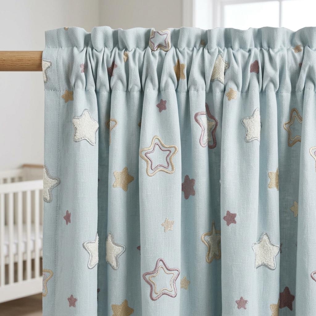 Powder Blue Linen Curtains, Embroidered White, Gold & Mauve Stars, Nursery Drapes, Custom Blackout Option — image 3