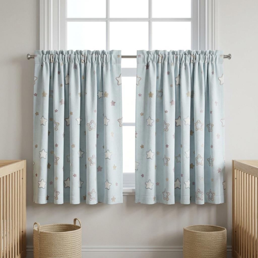 Powder Blue Linen Curtains, Embroidered White, Gold & Mauve Stars, Nursery Drapes, Custom Blackout Option — image 9