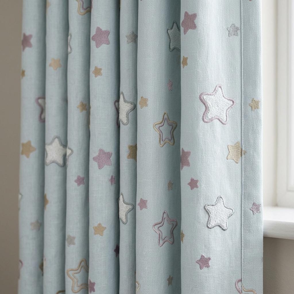 Powder Blue Linen Curtains, Embroidered White, Gold & Mauve Stars, Nursery Drapes, Custom Blackout Option — image 1