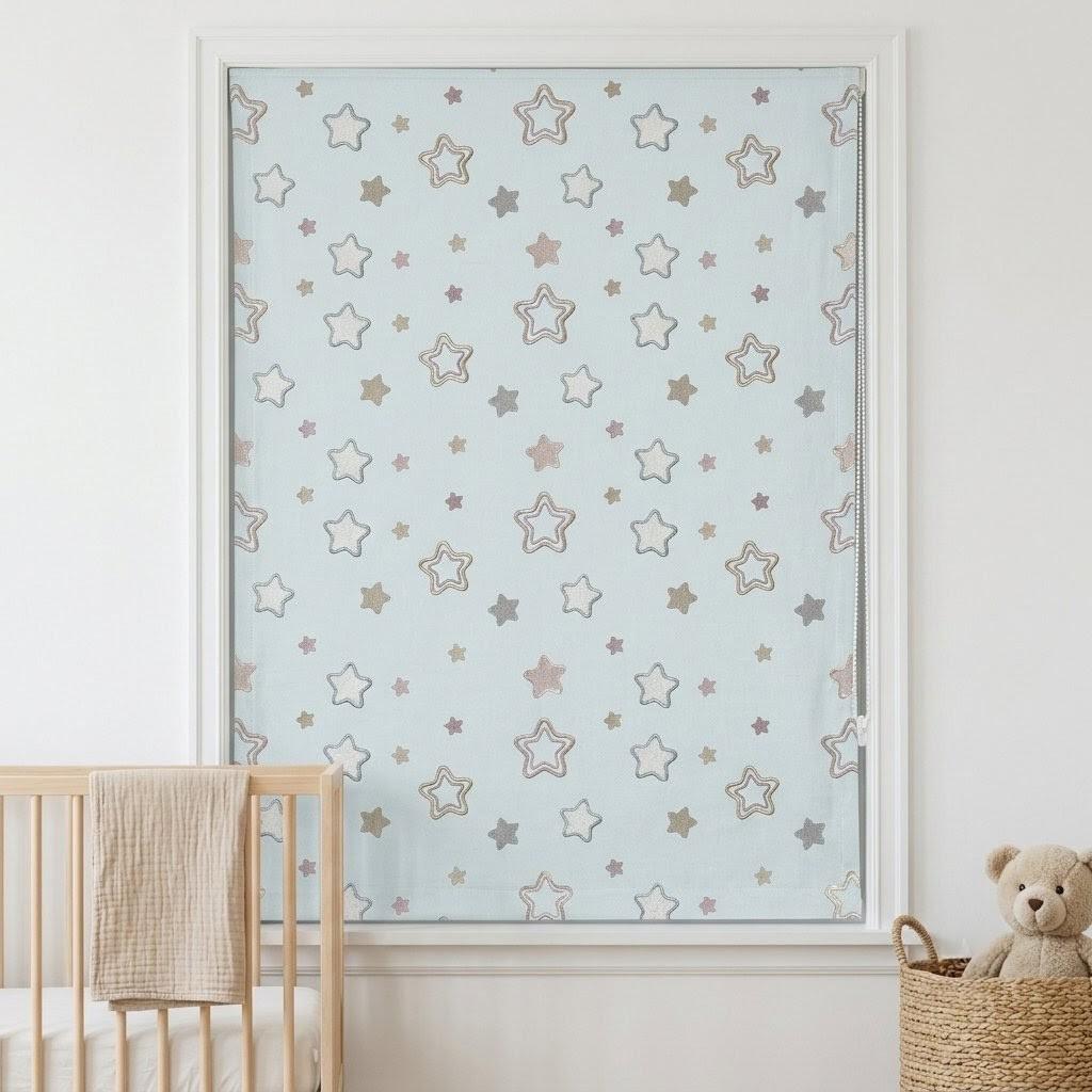 Misty Ice Blue Linen Roman Shade, Embroidered Pastel Star Nursery Blind, Kids Celestial Custom Shade, Blackout or Light Filtering — image 2