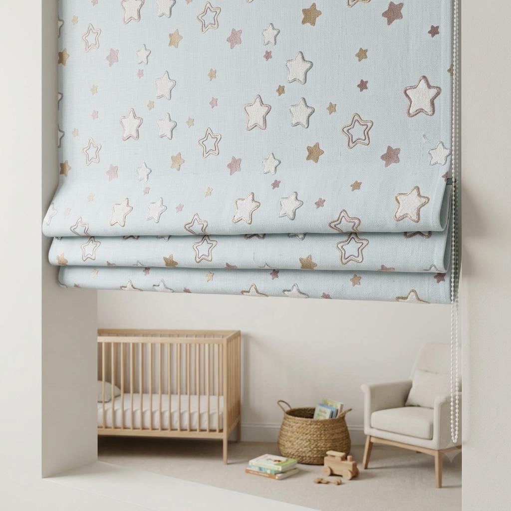 Misty Ice Blue Linen Roman Shade, Embroidered Pastel Star Nursery Blind, Kids Celestial Custom Shade, Blackout or Light Filtering — image 9