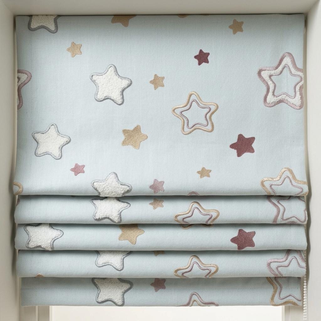 Misty Ice Blue Linen Roman Shade, Embroidered Pastel Star Nursery Blind, Kids Celestial Custom Shade, Blackout or Light Filtering — image 7