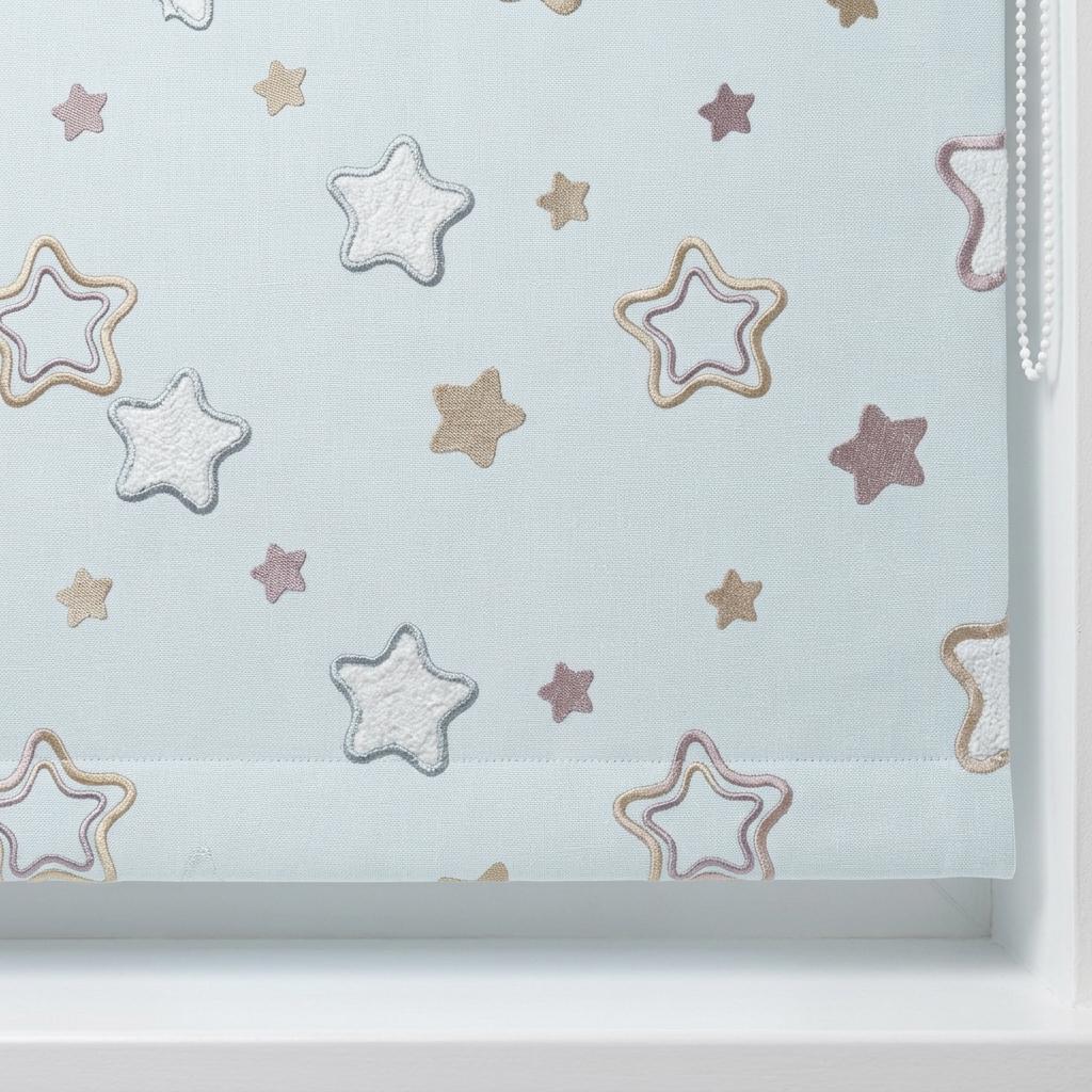 Misty Ice Blue Linen Roman Shade, Embroidered Pastel Star Nursery Blind, Kids Celestial Custom Shade, Blackout or Light Filtering — image 6