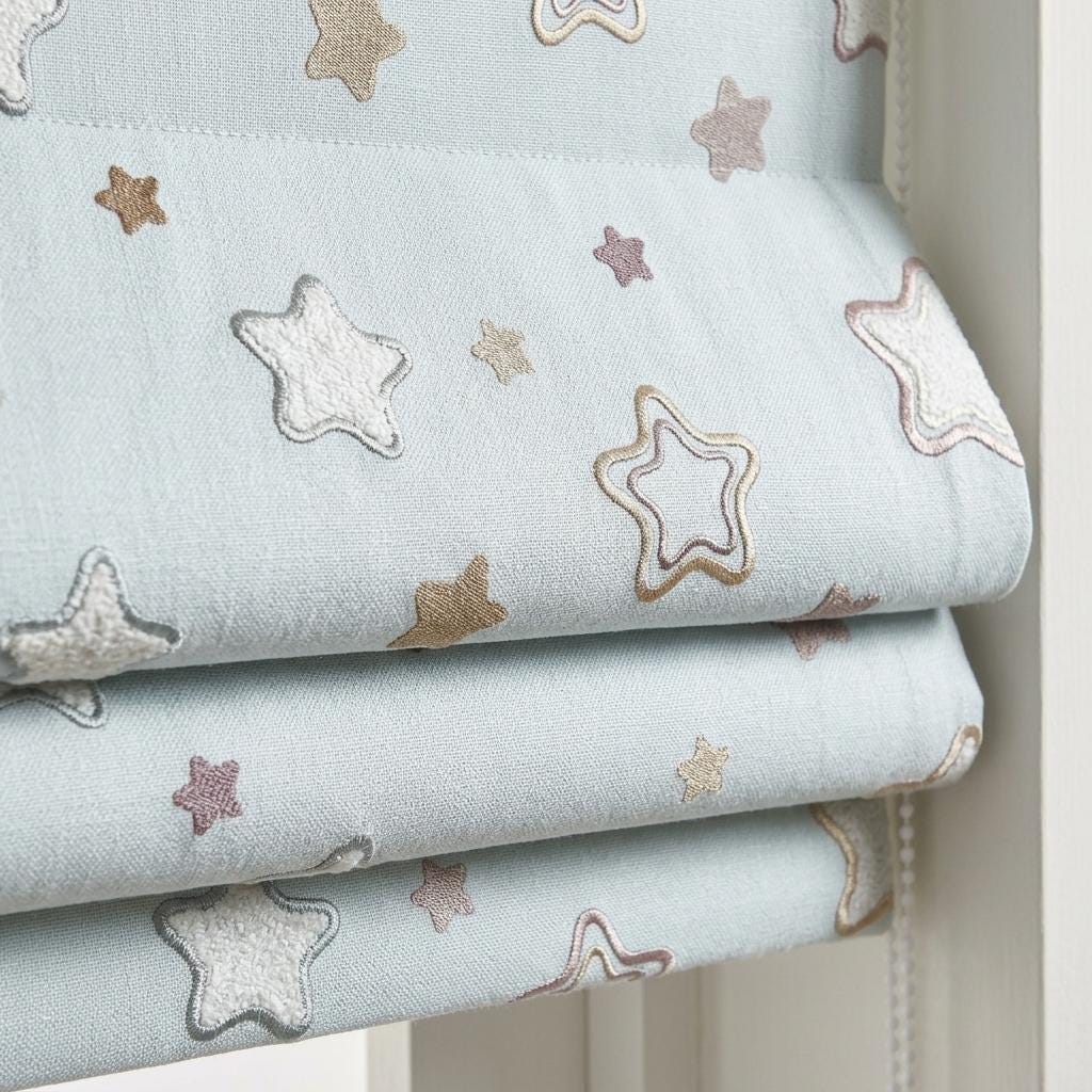 Misty Ice Blue Linen Roman Shade, Embroidered Pastel Star Nursery Blind, Kids Celestial Custom Shade, Blackout or Light Filtering — image 1