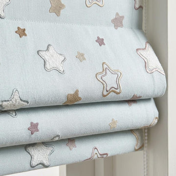 Misty Ice Blue Linen Roman Shade, Embroidered Pastel Star Nursery Blind, Kids Celestial Custom Shade, Blackout or Light Filtering — image 1