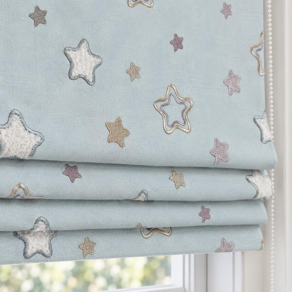 Misty Ice Blue Linen Roman Shade, Embroidered Pastel Star Nursery Blind, Kids Celestial Custom Shade, Blackout or Light Filtering — image 10