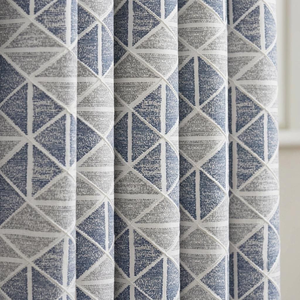 Ivory Navy Blue Grey Geometric Pure Linen Curtains, Embroidered Printed Diamond Drapes, Custom Blackout or Light Filtering — image 5