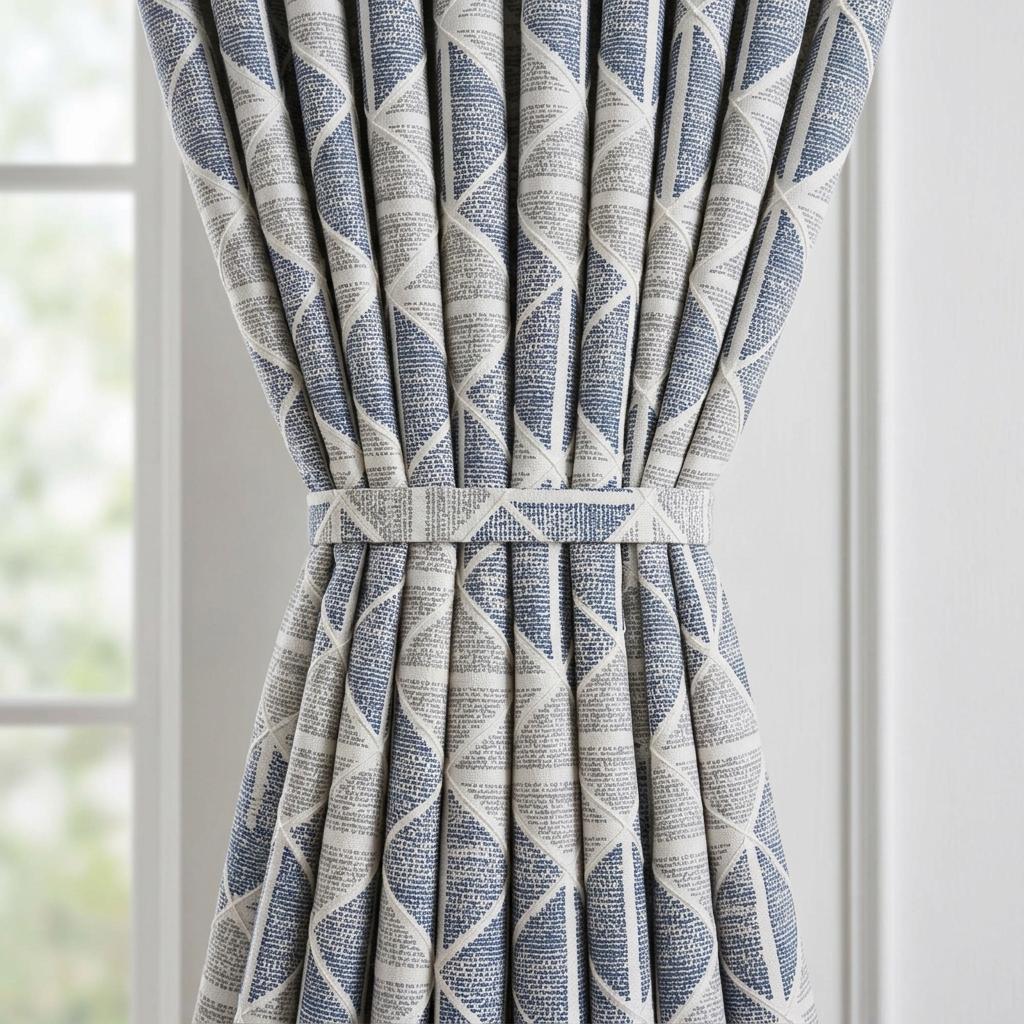 Ivory Navy Blue Grey Geometric Pure Linen Curtains, Embroidered Printed Diamond Drapes, Custom Blackout or Light Filtering — image 1