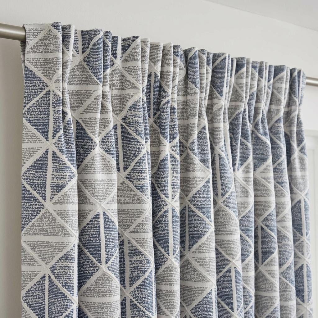 Ivory Navy Blue Grey Geometric Pure Linen Curtains, Embroidered Printed Diamond Drapes, Custom Blackout or Light Filtering — image 3